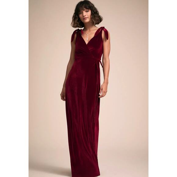 New Anthropologie BHLDN Rosaura Dress VELVET WRAPAROUND MAXI $198 Large WINE - Picture 1 of 3